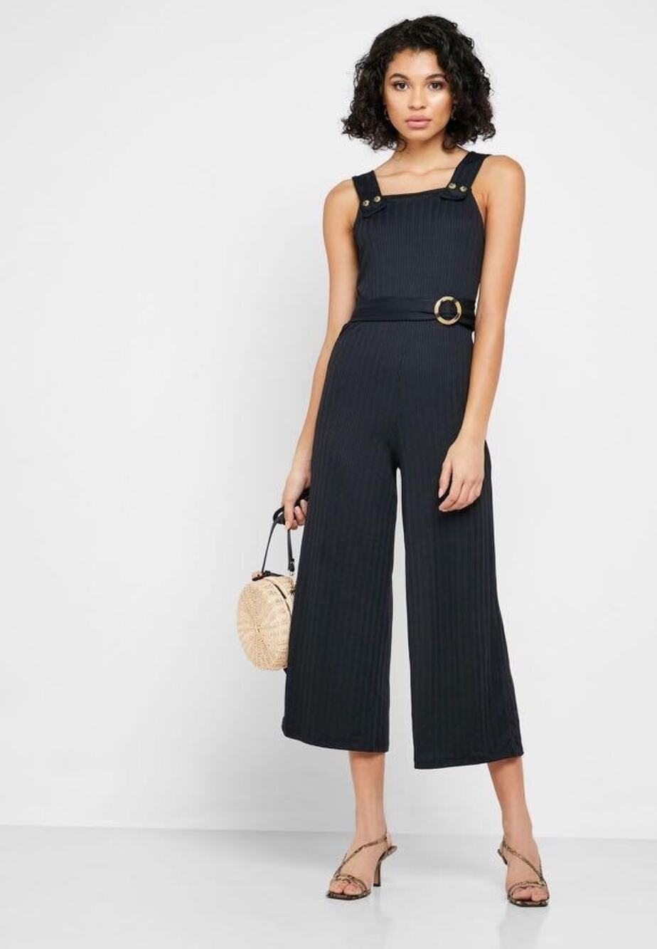 Topshop Anita Black Ribbed Belted Wide Leg Square Neck Sleeveless Jumpsuit Sz 4